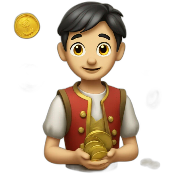 Pinocchio and 5 gold coins emoji