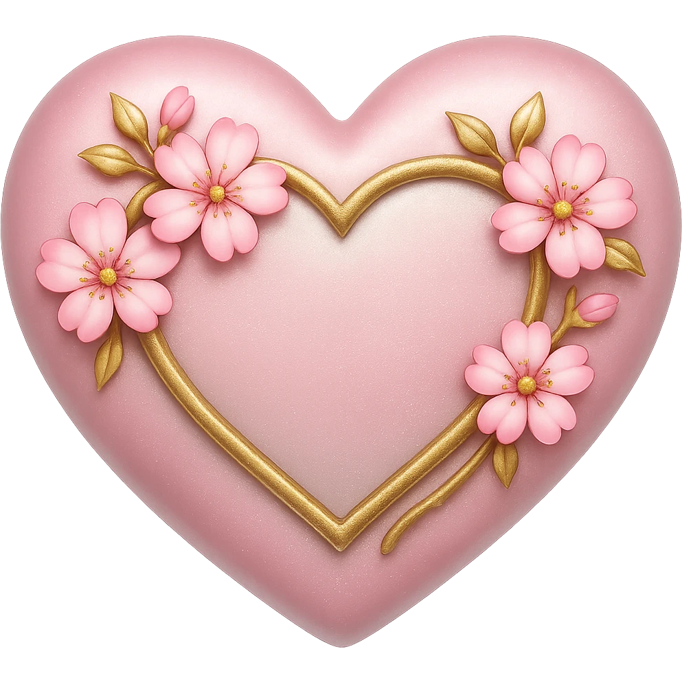 Add a shimmer effect to the gold and silver accents on the heart with sakura flowers in the style of apple emojis, no background. emoji