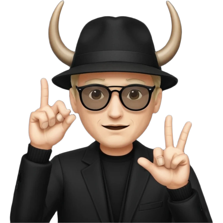 man dressed in black with dark glasses and a black hat making the horns gesture with both hands emoji