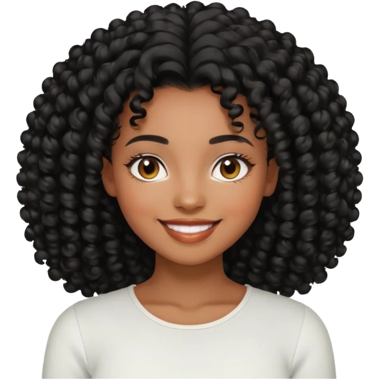 a young woman.She has voluminous, curly black hair long that frames her face beautifully. Her skin tone is black light and glowing, and she has a subtle, natural makeup look. She’s smiling softly at the camera. She is wearing a white top emoji