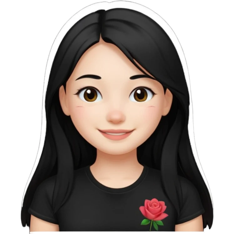 a pretty bratz fair girl with straight long black hair, wearing a black tshirt, smiling emoji