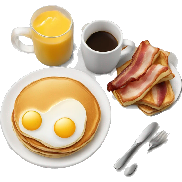 hot coffee and a big breakfast with pancakes bacon eggs and fruit emoji
