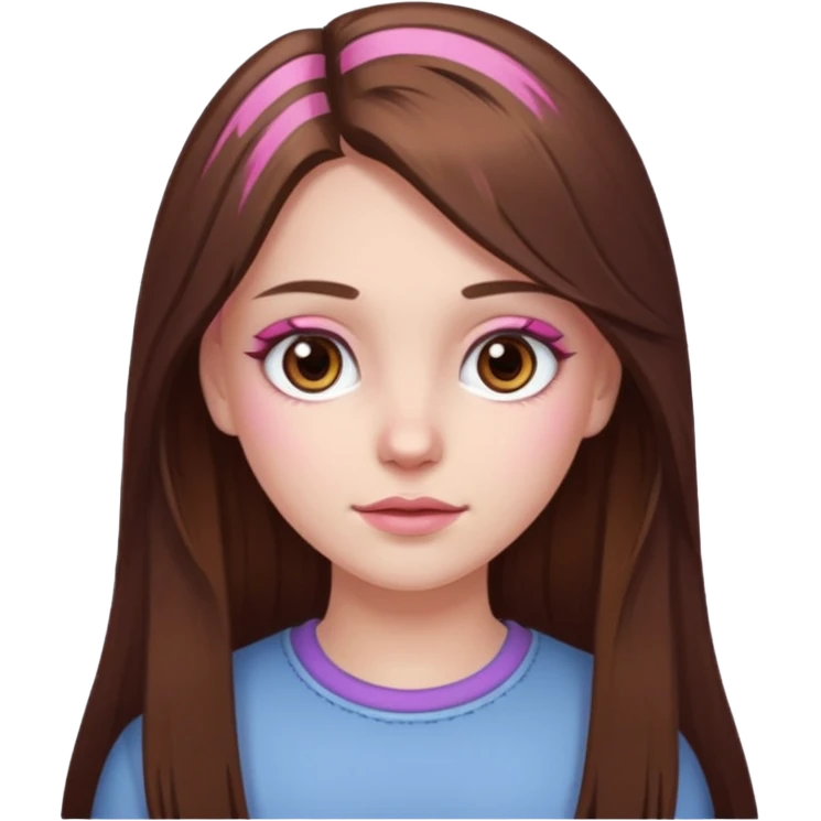 white skined girl with long brown hair and brown eyes and few pink highlights emoji