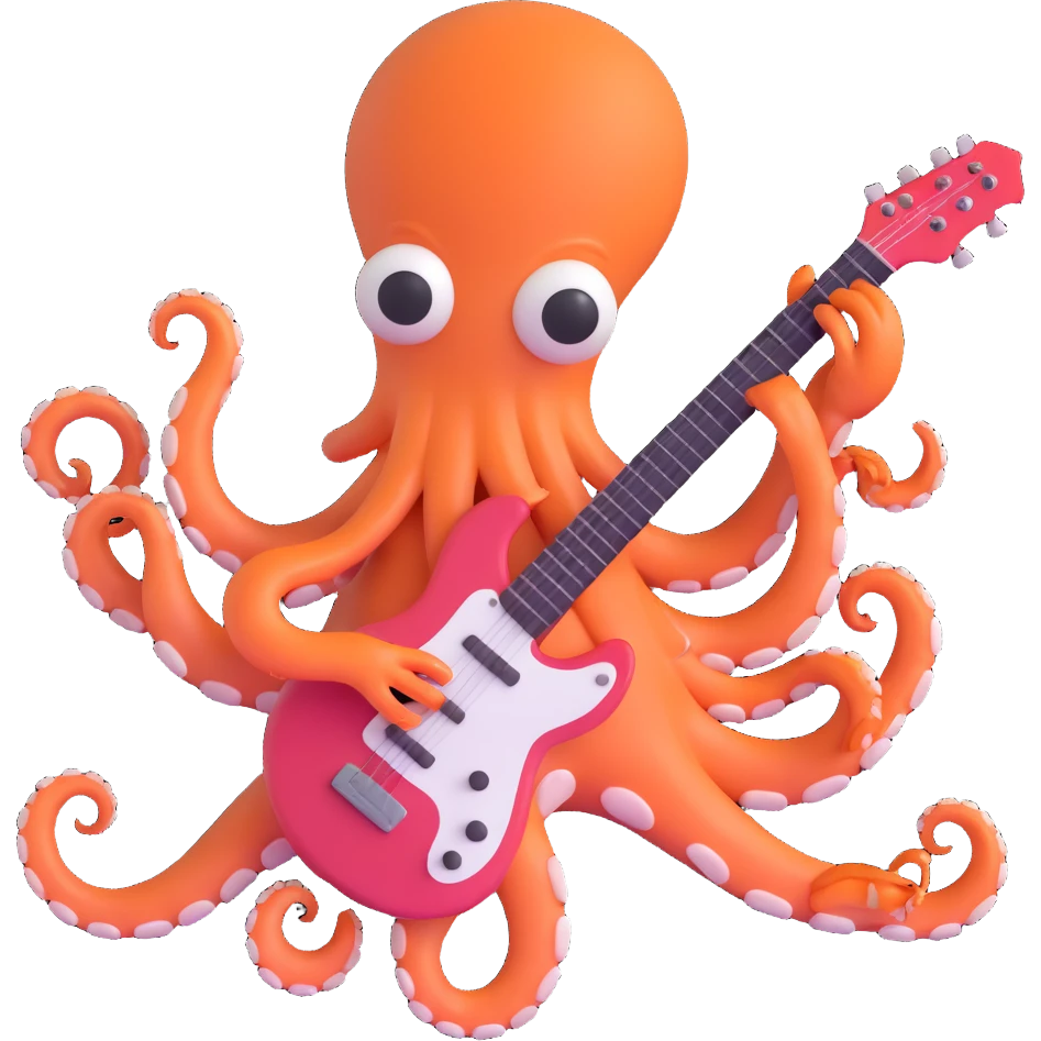 happy octopus with multiple arms playing guitar emoji