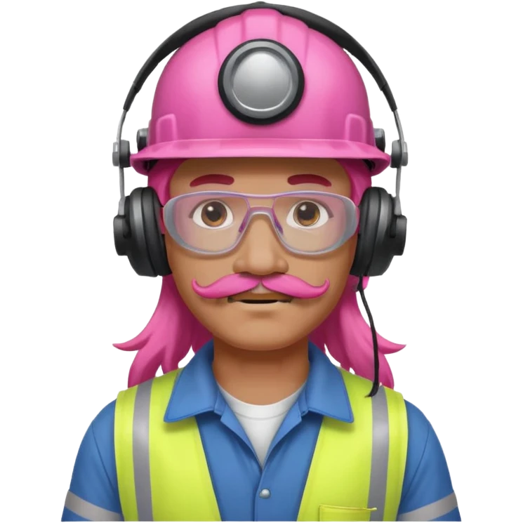 construction worker with long pink hair and ppe headphones and mustache emoji