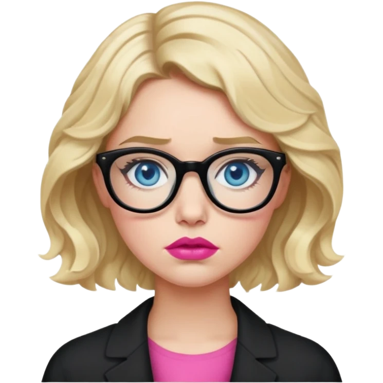 Blonde woman with short wavy hair, blue eyes and pink lips wearing black glasses being sick emoji
