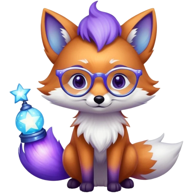 Heart eyes 😍 — a small magical fox with shimmering purple and blue fur, a glowing fluffy tail, a silver star on its forehead, round glasses, and a tiny lantern. emoji