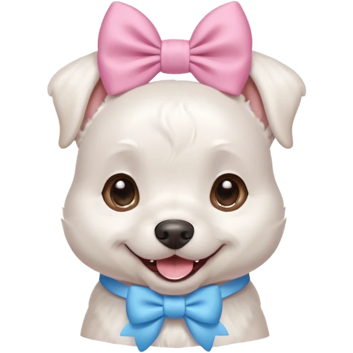 a cute white dog wearing a pink blue pastel bow on his head while he smiles excitedly emoji