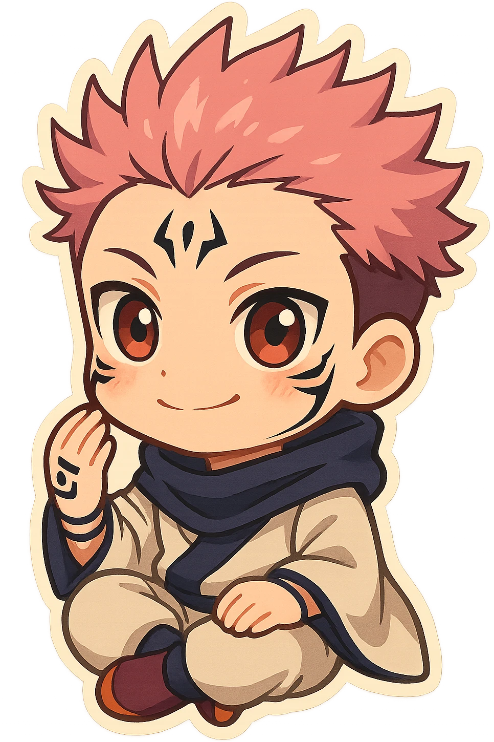 Sukuna in chibi style, cute and small, big expressive eyes, anime-inspired, vibrant colors emoji