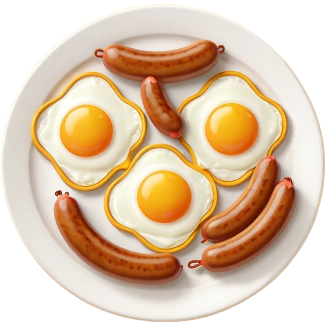 sausage and eggs object icon, fried eggs with sunny yolks, grilled sausages, warm breakfast vibe, delicious food presentation, 3D cartoon style, mobile game icon style, centered, clean background, no text, no watermark
 emoji