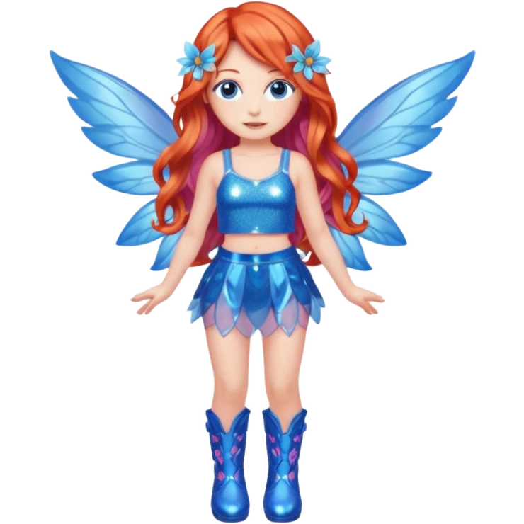 Bloom’s season 1 fairy form features long wavy red-orange hair, blue eyes, a sparkly blue crop top and mini skirt, translucent pink and blue wings and high blue boots  emoji