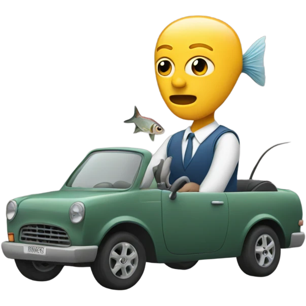 Person with a fish head driving  emoji