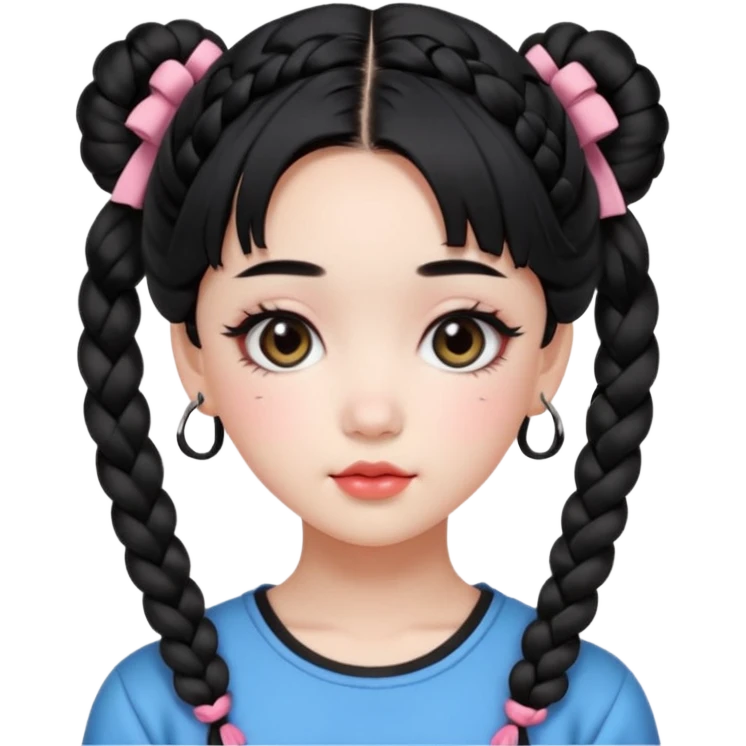 a beautiful girl face, wearing cute korean makeup, black hair, lower braided space buns with cute front bangs, kpop idol emoji