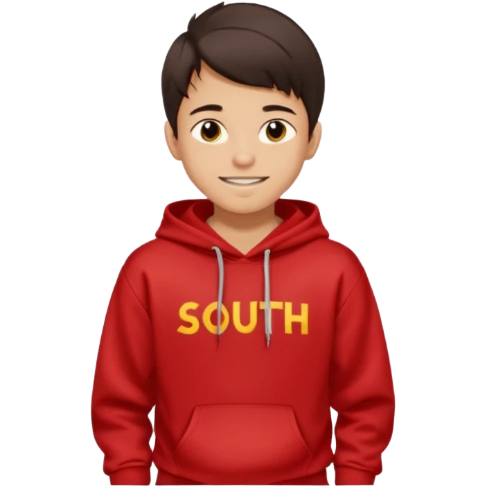 make me an emoji of an americain 15 yearold boy in a red hoodie that says "south" on it and give him with tan skin with his hands in his pockets with the sleevs pulled up grining with a jaw line emoji