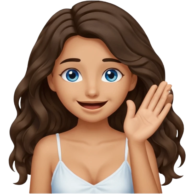 Girl with olive skin, blue eyes, brown dark insanely wavy long hair, white camisole, giggling with hand over face emoji