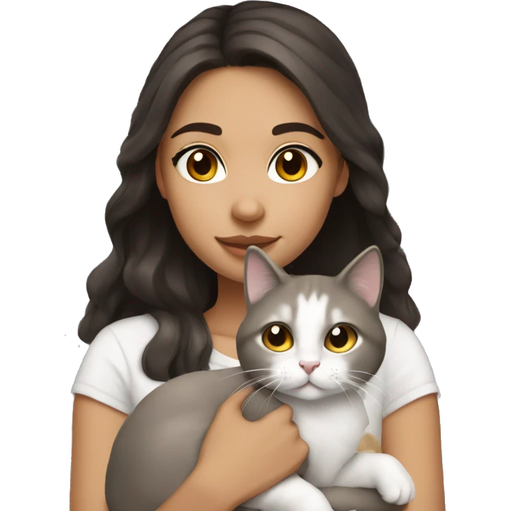 Latin girl, dark brown hair, hazel eyes holding white and grey cat emoji