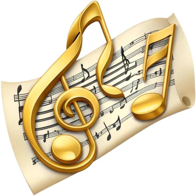 Create a bright and artistic emoji that represents music composition. The design should feature musical notes, a pencil or quill, and a sheet of music, symbolizing the creative process of composing a song. Add a touch of elegance with flowing lines to represent melody and rhythm. Use gold or silver tones for sophistication, and incorporate a mix of vibrant colors to convey creativity. The background should be transparent. emoji