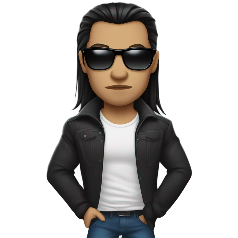 Vampire male, with long black hair, masculine face, fine lips, serious face expression, black sunglasses, lather jacket, underneath black t-shirt, strong muscular body emoji