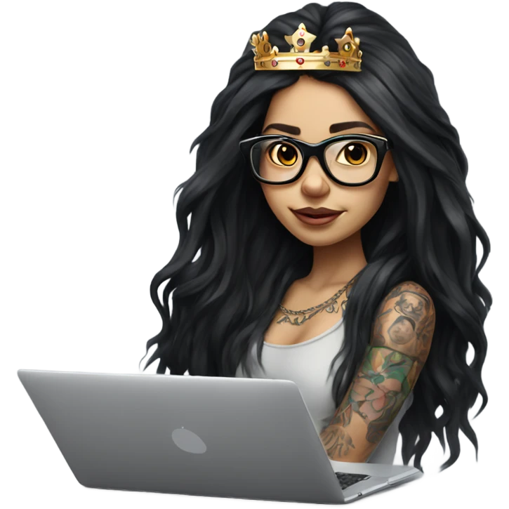 Hyperrealistic girl with black long hair wearing a crown and glasses tattoos laptop emoji