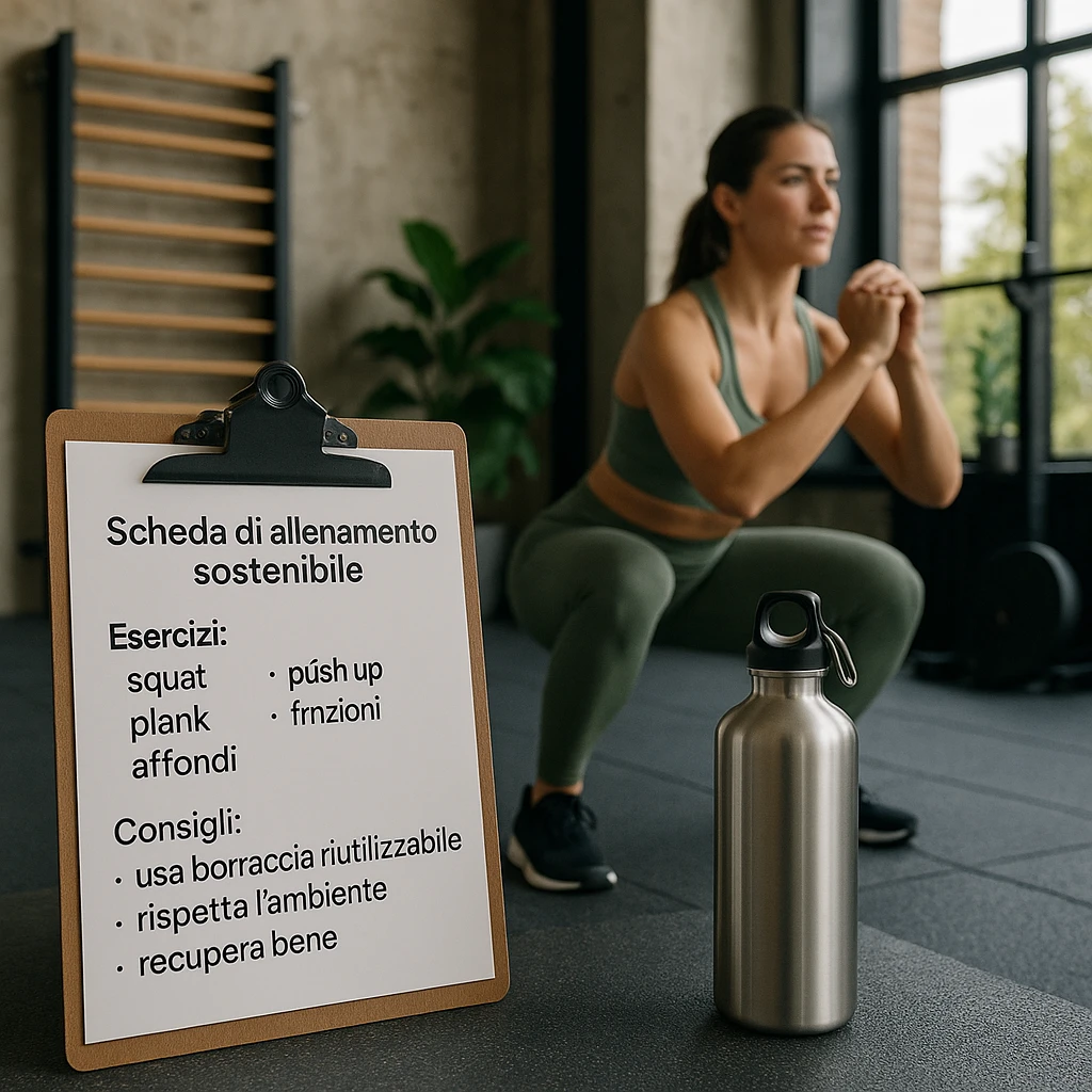 Add Italian text on a sheet or tablet in the scene with the following content: 'Scheda di allenamento sostenibile', 'Esercizi: squat, push up, plank, trazioni, affondi', 'Consigli: usa borraccia riutilizzabile, rispetta l’ambiente, recupera bene'. Maintain a hyperrealistic style, 4K resolution, with a modern and sustainable gym atmosphere. emoji