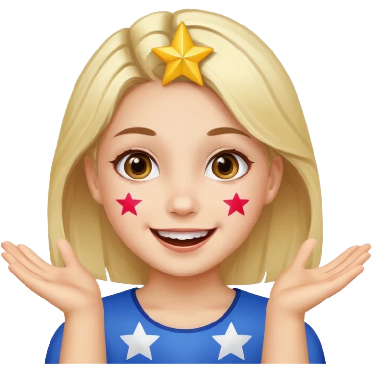 A girl with star-shaped cheek paint, cheering with bright eyes. emoji