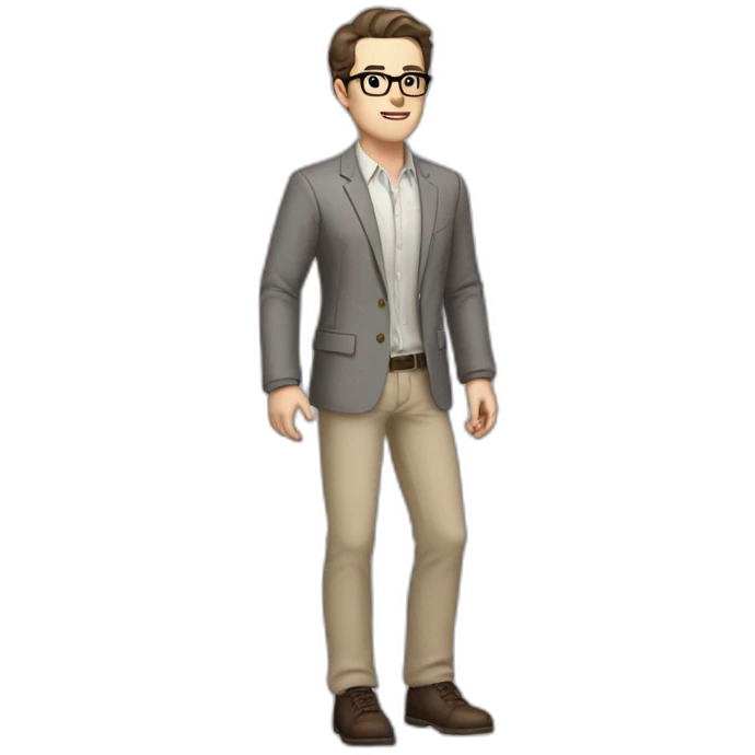 Full height Pale skinned Fit Man With dark brown hair in gray classic jacket, beige office shirt, Brown pants and vintage glasses. Thrumbs of his palms upwards emoji