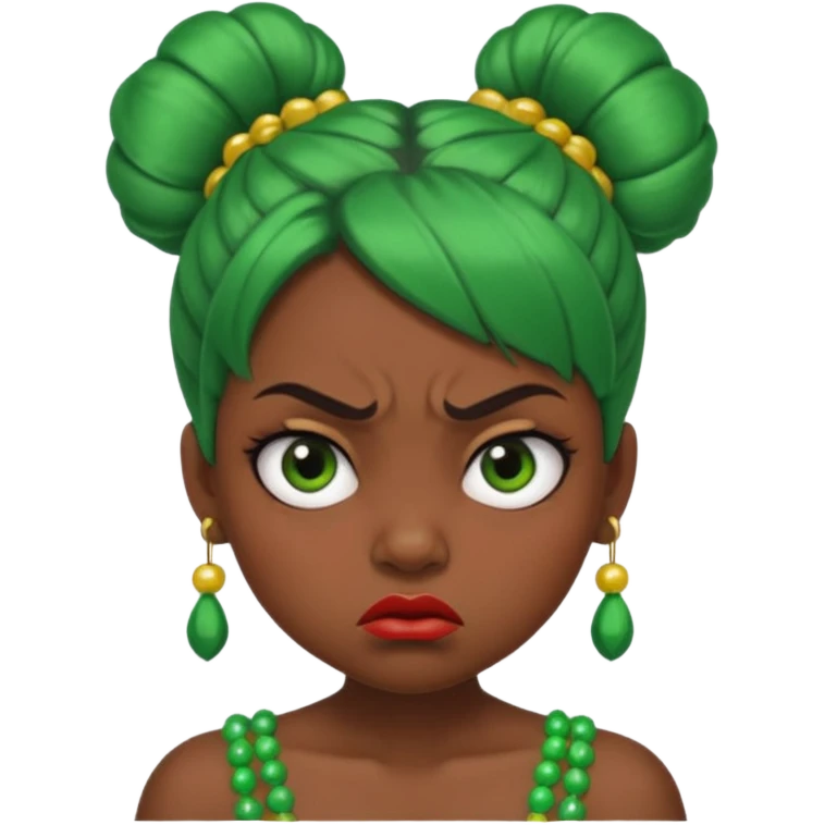Create a 3D cartoon-style girl character with dark skin, round face, angry expression, big wide eyes, and tightly styled double buns made of green beaded hair. The girl should look irritated, eyebrows sharply angled, and lips pressed in a frown. emoji