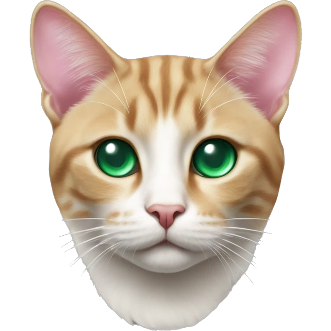 a cat with a white triangle on its face and the letter M on its forehead, with a pink nose and emerald eyes emoji