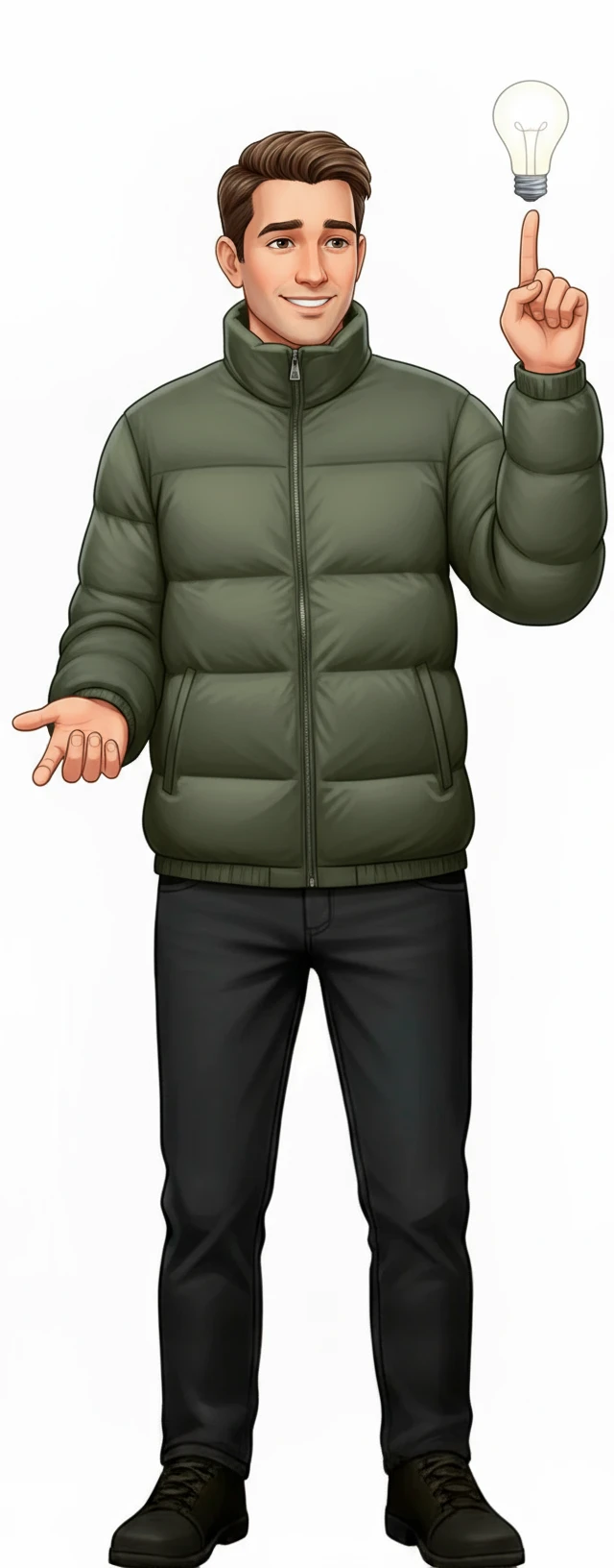 нарисуй человека в зеленой куртке в таком же стиле, правая рука остается в таком же положении, а левая в положении как на картинке, без фона emoji