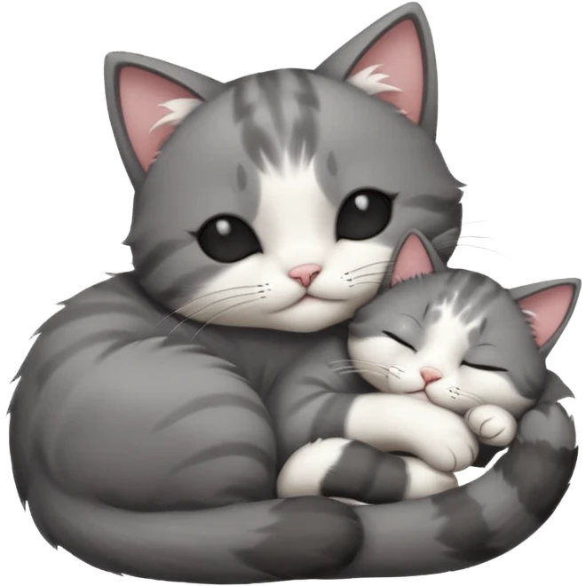 dark grey and white small cat with its eyes closed lying down leaning on its elbow with its paw curled under its head holding it up emoji