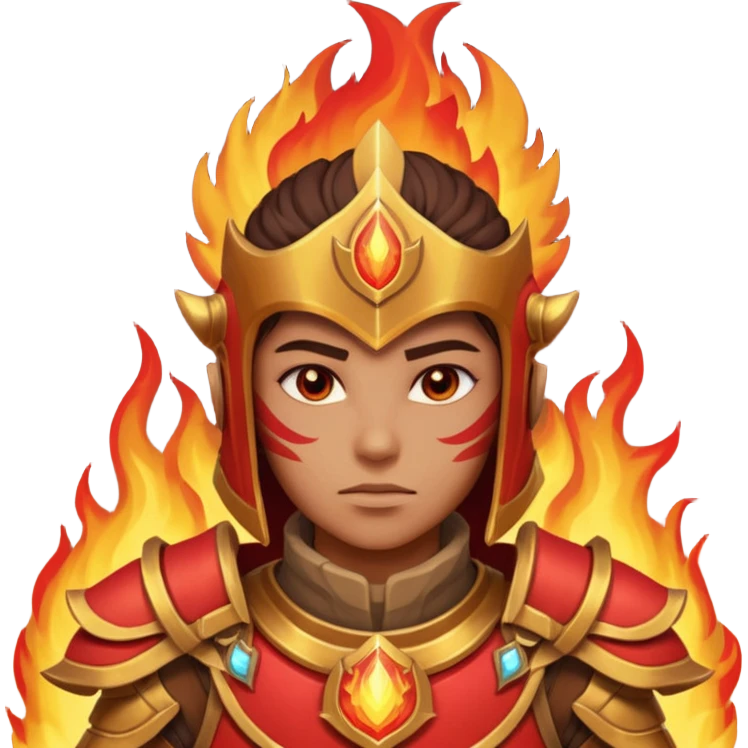 desert fire warrior portrait, head and shoulders only, red-gold armor collar, glowing fire accents, powerful gaze, fantasy desert vibe, 3D cartoon, mobile game icon style, clean background, no text, no watermark
 emoji