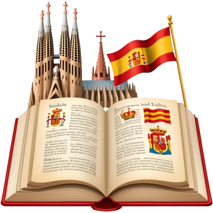 An icon featuring the Sagrada Familia and the flag of Spain, symbolizing the Spanish language. The design includes an open book with Spanish text and flamenco dancers, representing language learning and cultural heritage. Transparent background emoji