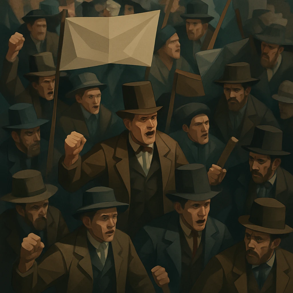isometric illustration of a 19th century mob, with period-appropriate clothing, hats, and banners, dynamic crowd scene, detailed faces, muted color palette, no text emoji