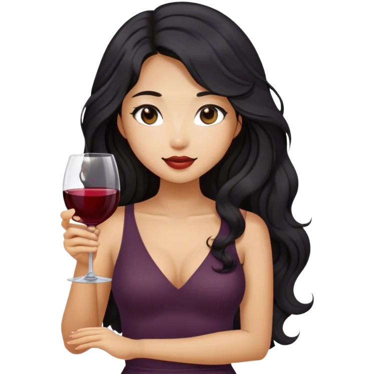 tan asian girl with black long wavy hair holding glass of wine emoji