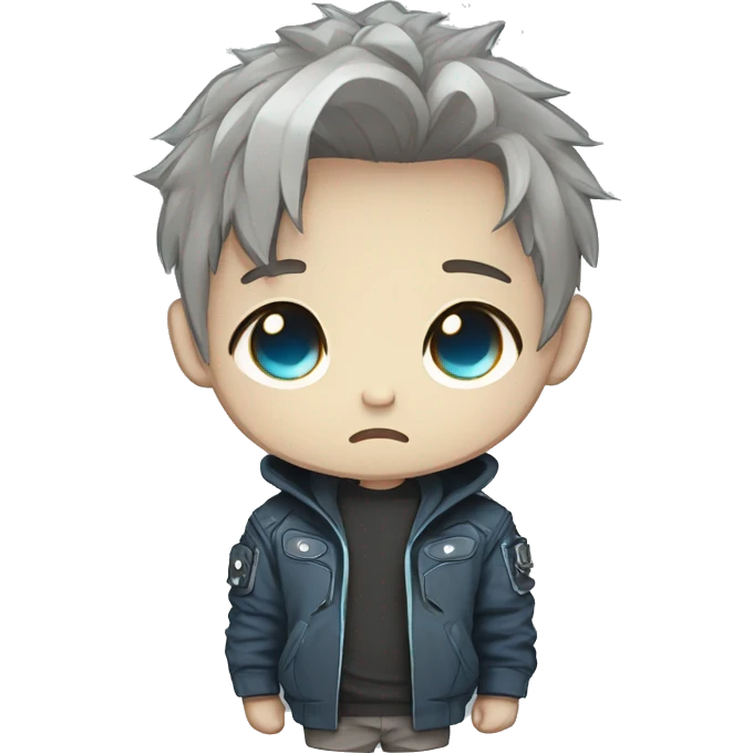 logo illustrated boy skull BORED, chibi anime style, head and shoulders only, light brown eyes, short gray hair, cyberpunk jacket with blue colors, flashing background. emoji