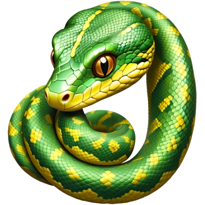 cinematic-green tree python-realistic-full-body-coiled-emoji,-thick-scaled-body-looped-tightly,-intricate-brown-and-gold-patterned-scales-reflecting-light,-head-tilted-dramatically,-slitted-eyes-staring-calmly,-simplified-yet-realistic-focused-feature emoji