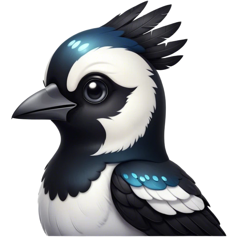 Cinematic Cute Magpie Portrait Emoji, Head tilted playfully and inquisitively, featuring a compact, elegant form with glossy, contrasting black and white feathers and round, sparkling eyes full of playful charm, Simplified yet irresistibly adorable features, highly detailed, glowing with a warm, inviting glow, high shine, affectionate and lively, stylized with a touch of whimsical urban flair, soft glowing outline, capturing the essence of a mischievous yet endearing magpie that seems as if it could flit out of the screen into your arms! emoji