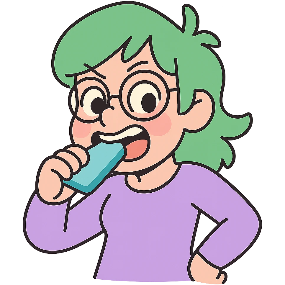 Seele with green hair and glasses biting, pastel toon style emoji