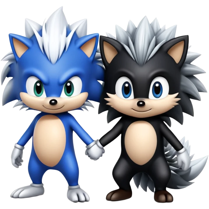 Blue Sonic the hedgehog, black Shadow the hedgehog, and small baby Silver the hedgehog holding hands together in a row emoji