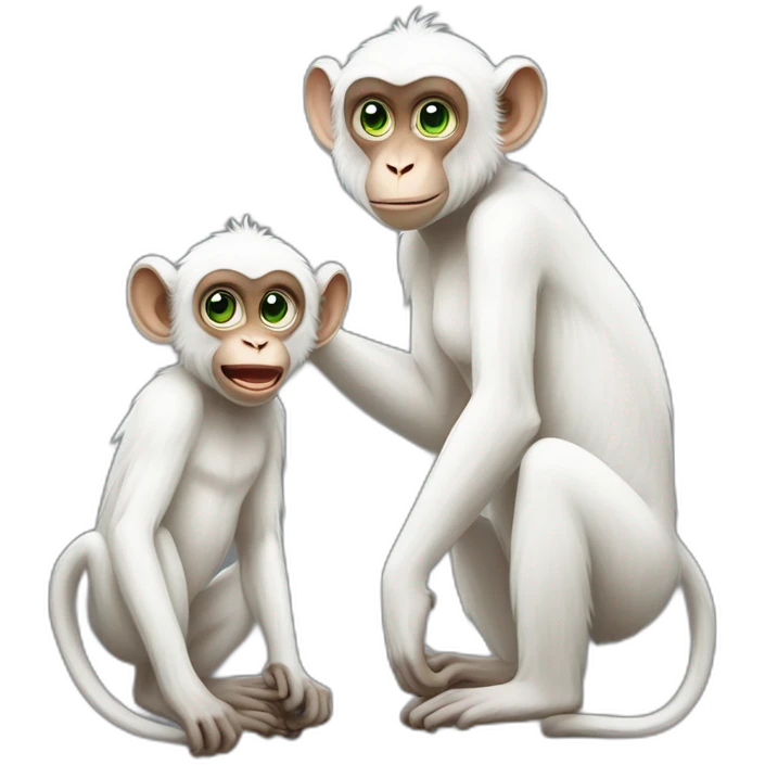a white monkey with green eyes is in love with a pumped up and beautiful macaque with black eyes emoji