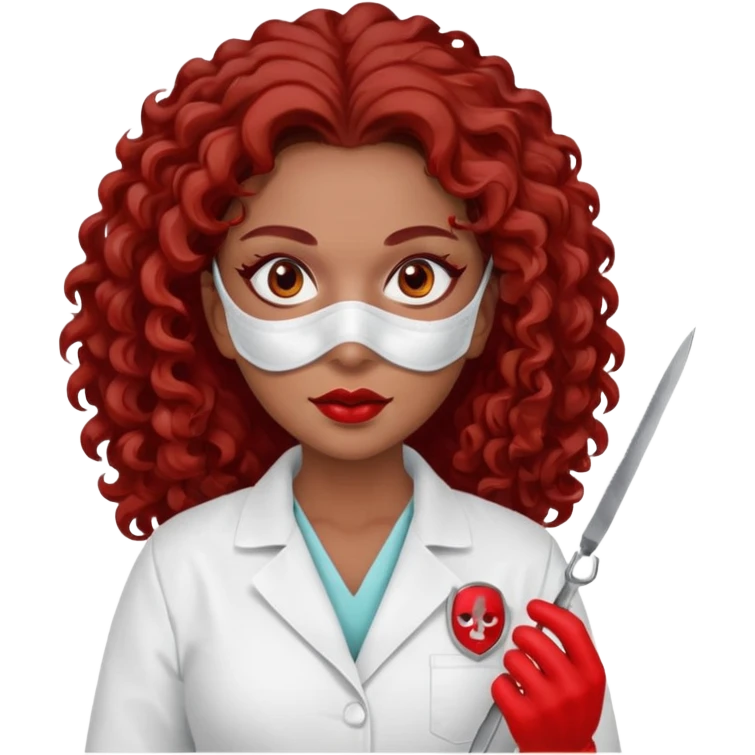 Scary woman scalpel in hand, evil surgeon sexy surgeon clothes.  She has red eyes. Her  brown long curly hair. Wears sexy doctor outfit with red gloves. make her hair free and brown but have mouthy  wear  mask  to hide. Wears white surgeon jacket and  has lon* brown hair. emoji