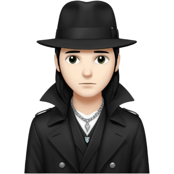Male Goth with Fedora
 Sleek long hair, white skin, black trench coat, silver necklace visible under coat emoji