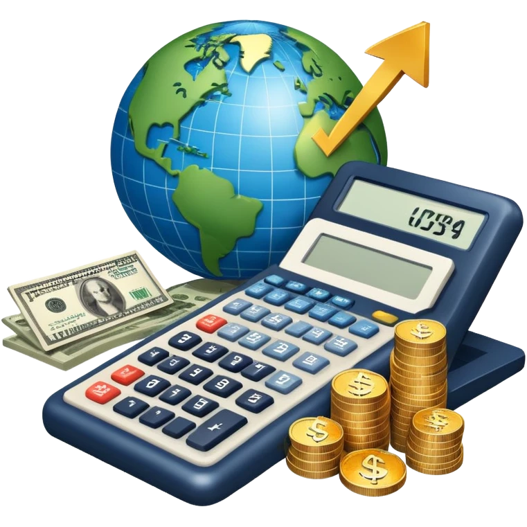 An icon featuring a calculator, a dollar sign, and a chart with upward trends, symbolizing economics. The design includes coins, bills, and a globe, representing global trade and financial systems. Transparent background highlights the study of markets, supply, and demand. emoji