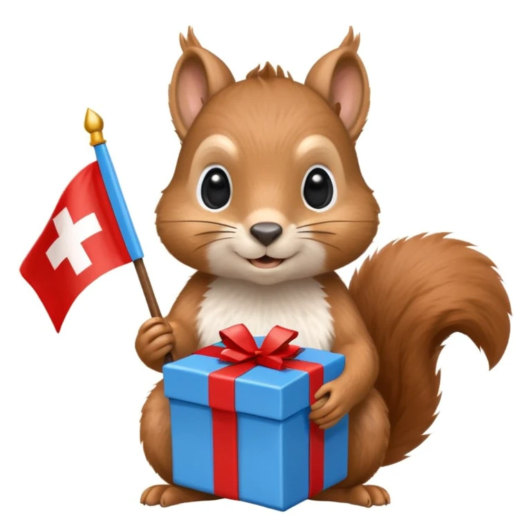 a squirrel holding a blue gift box in one hand and a red Swiss flag in the other, both objects clearly visible, simple white background, the gift is a different color from the flag emoji