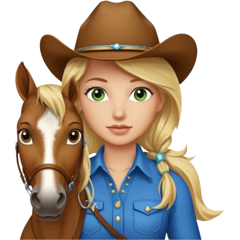 una cowgirl bionda con occhi azzurri/verdi sopra un quarter horse con criniera marrone emoji