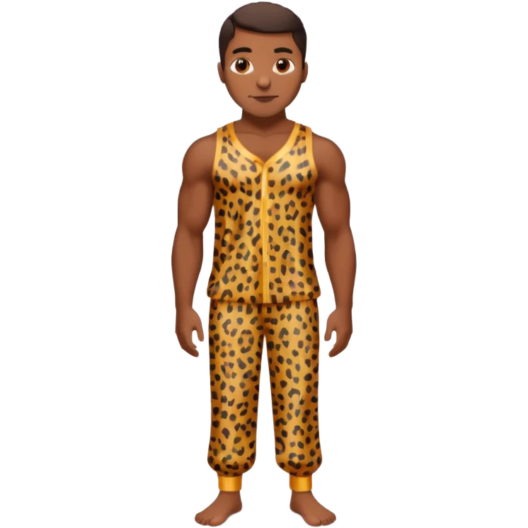 Handsome Black guy with brown skin tone, with muscular build, wearing loose fitting leapard print pajamas and white slippers  emoji