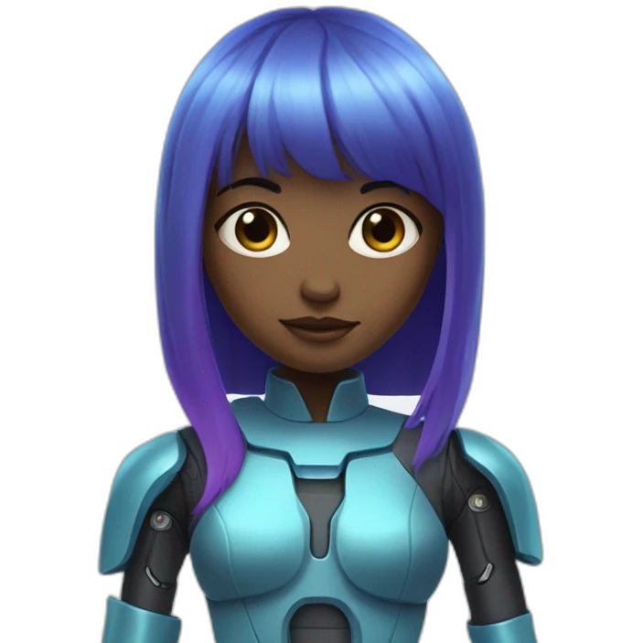 A girl with blue hair. She has dark skin. Her hair is very long and straight. Plus she has bangs. She has purple eyes. She has a robotic arm. She's wearing a sci-fi suit. emoji