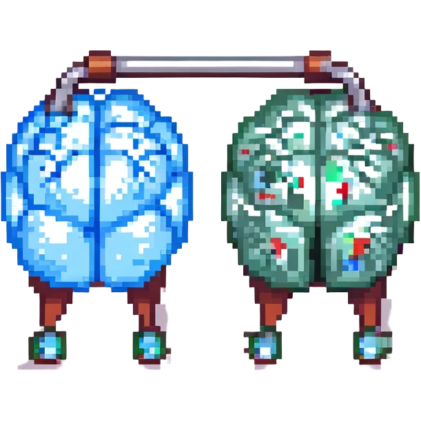 pixel art of a single brain, split into two halves, lifting a gym weight emoji