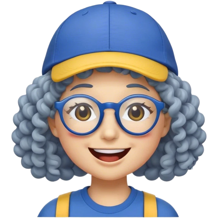 female yellow smiley face emoji, big smile, winking, wearing a blue ballcap backwards, grey curly hair, glasses, no eye color, head only, yellow, simple style, no ornament on hat emoji