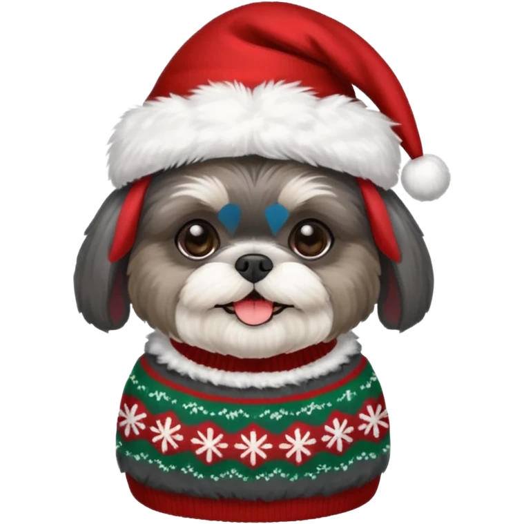 dark grey shih tzu christmas sweater and hat emoji